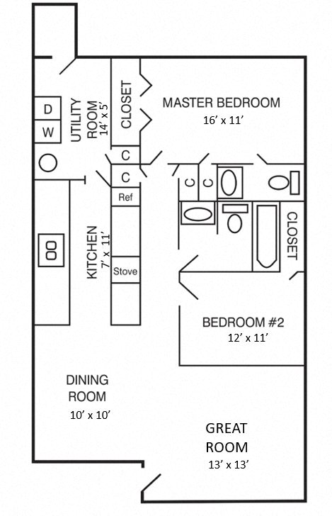 Floor plan for 2 beds, 1.5 baths, 1011 sqft